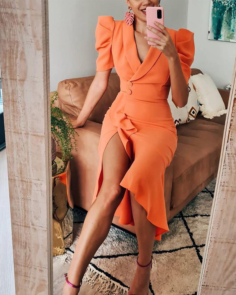 

V-Cut Ruffle Hem Slit Wrap Midi Dress, Orange