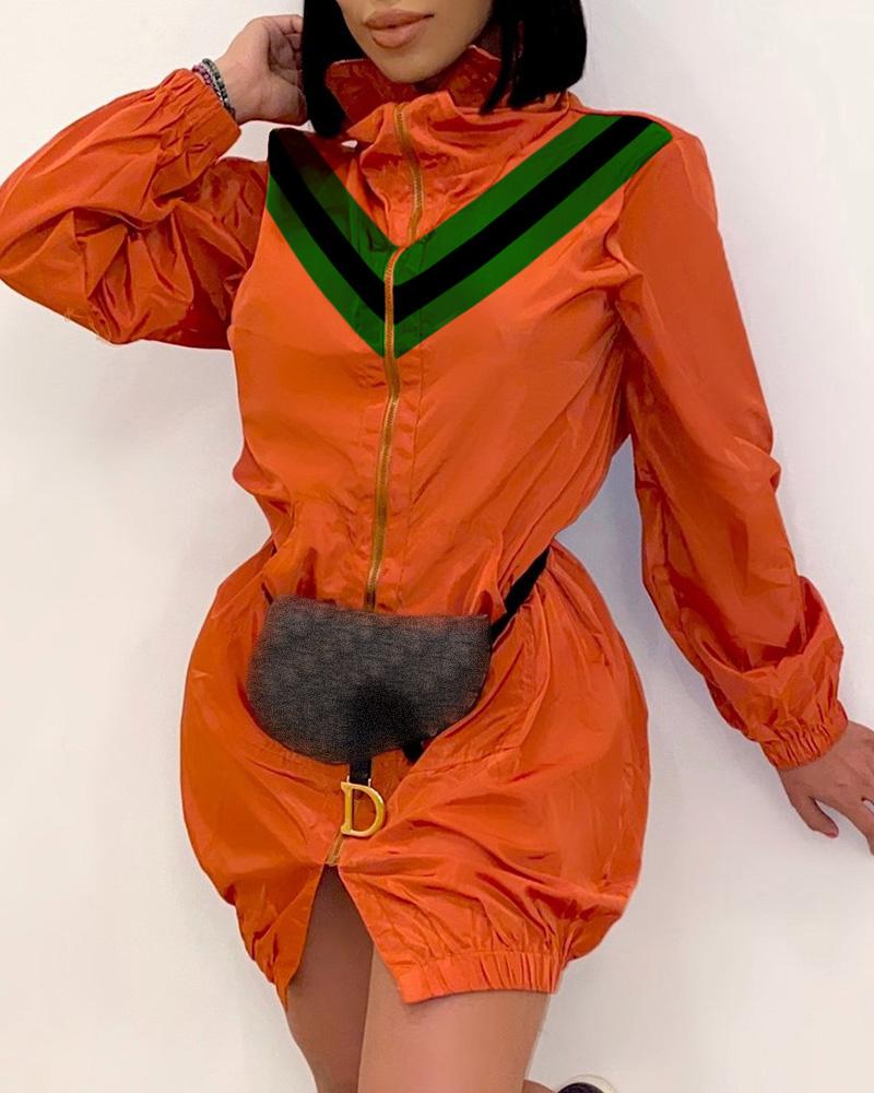 

Colorblock Zipper Pocket Design Casual Dress, Orange