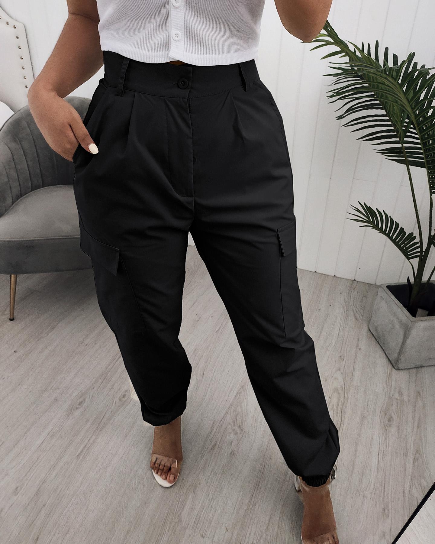 

Pocket Design High Waist Cargo Pants, Black