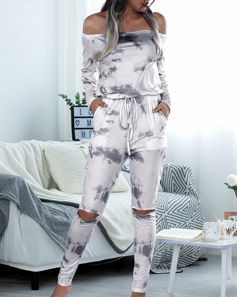 

Tie Dye Long Sleeve Loose Off Shoulder Jumpsuit, Gray