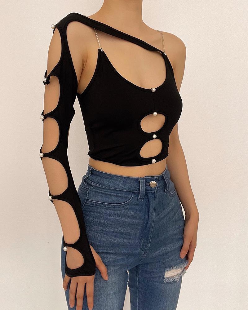 

Cutout Asymmetrical Beaded Chain Strap Top, Black