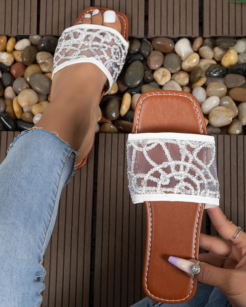 

Contrast Sequin Wide Strap Mesh Slippers, Silver