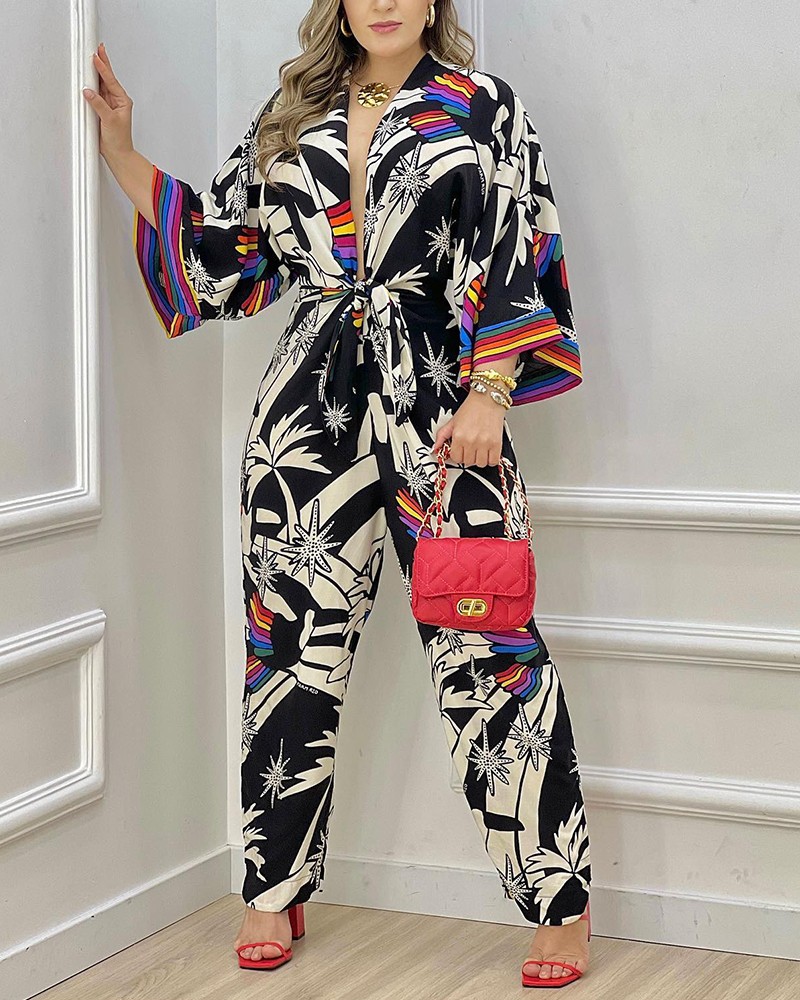 Tied Printed Grecian Neck Jumpsuit