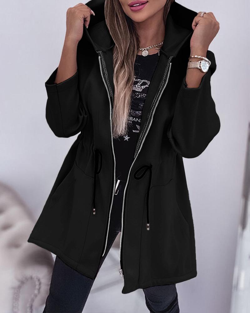 

Pocket Zipper Design Drawstring Hooded Coat, Black