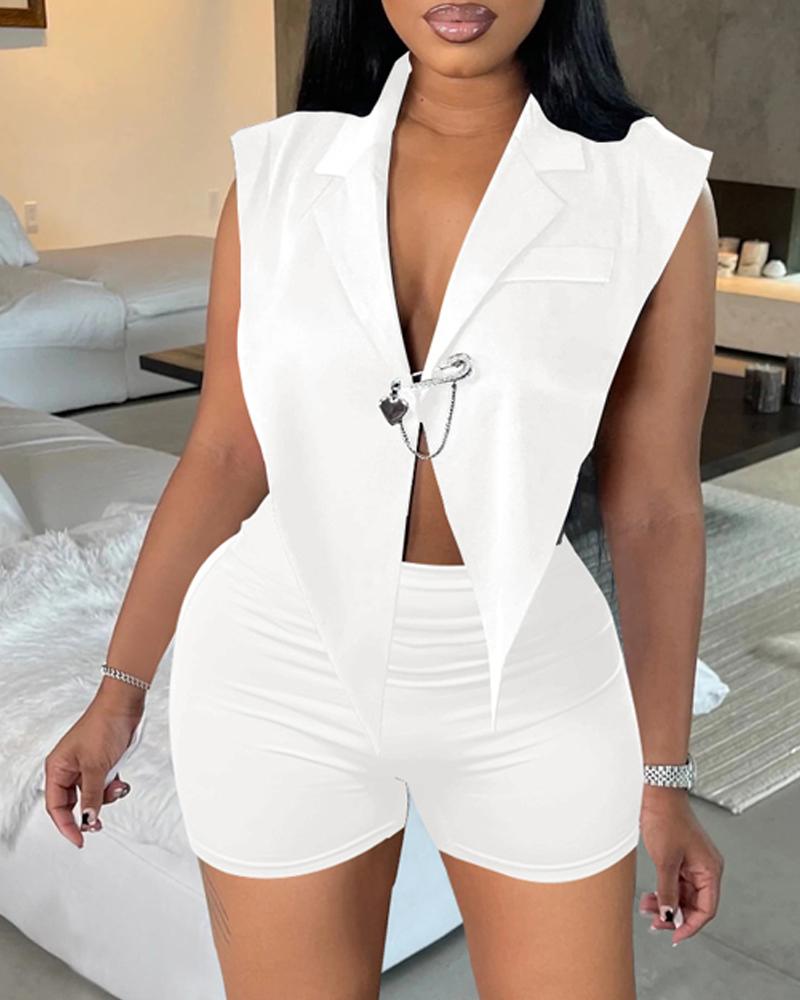 

Open Back Asymmetrical Top & Shorts Set With Brooch, White