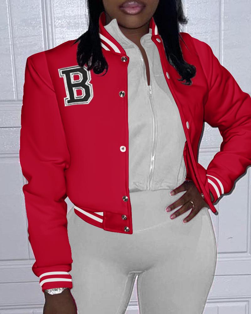 

Letter Pattern Long Sleeve Baseball Jacket, Red