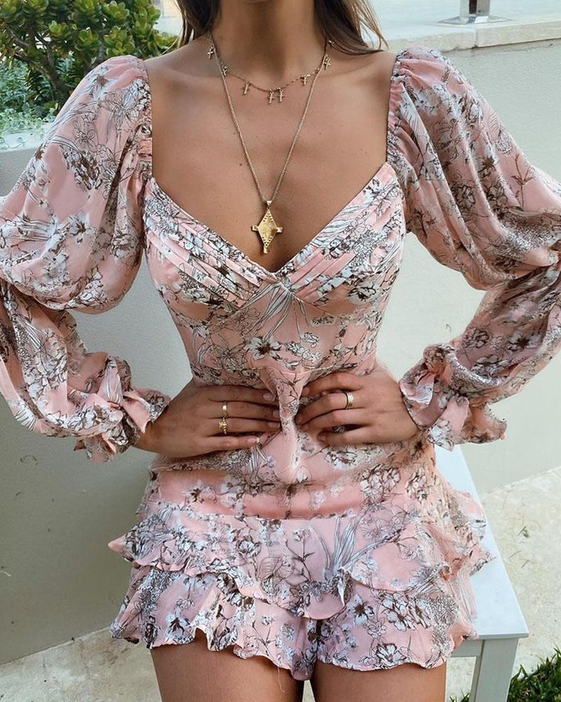 

Floral Print V Neck Backless Tied Detail Layered Dress, Pink