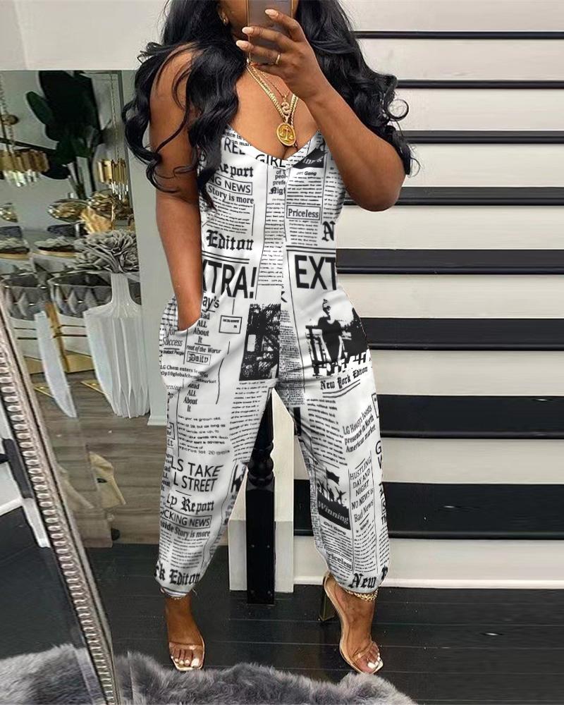 

Newspaper Print Pocket Design Sleeveless Jumpsuit, White