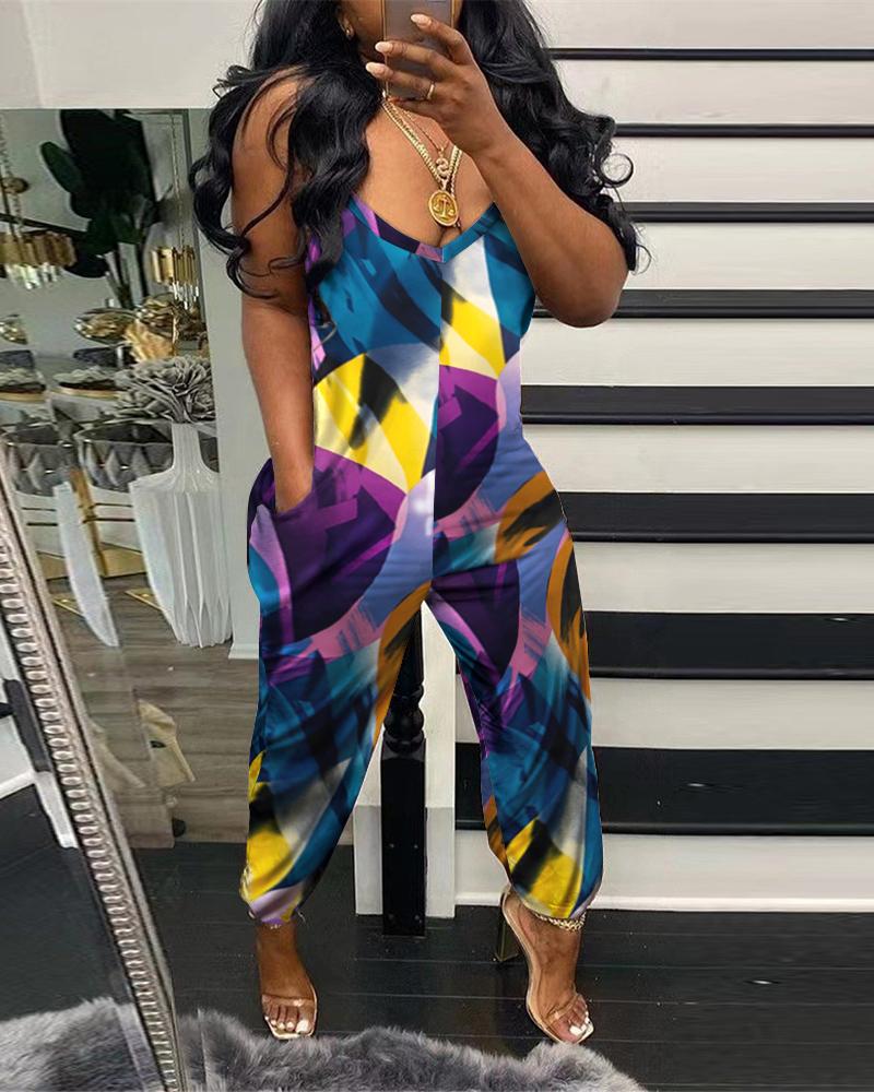 

Allover Print Pocket Design Sleeveless Jumpsuit, Multicolor