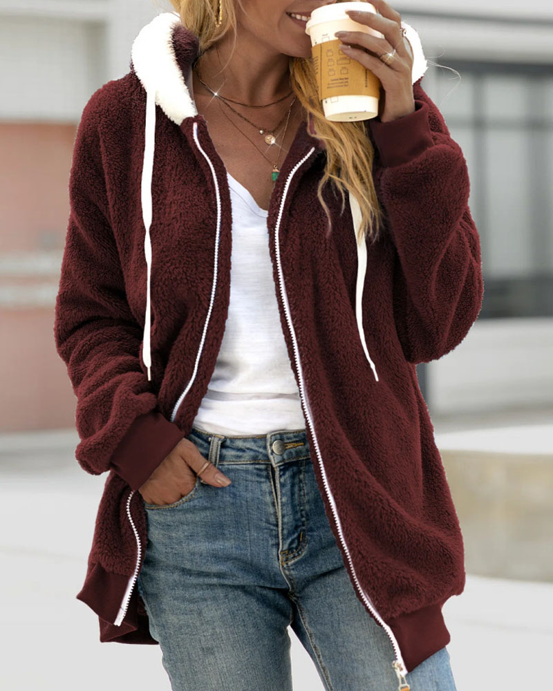 

Long Sleeve Fuzzy Trim Hooded Teddy Coat, Red