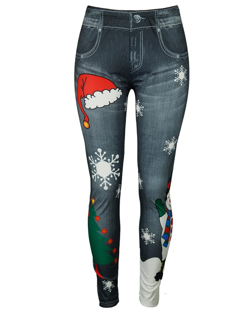 

Christmas Snowman / Tree / Snowflake Print Skinny Pants, Black