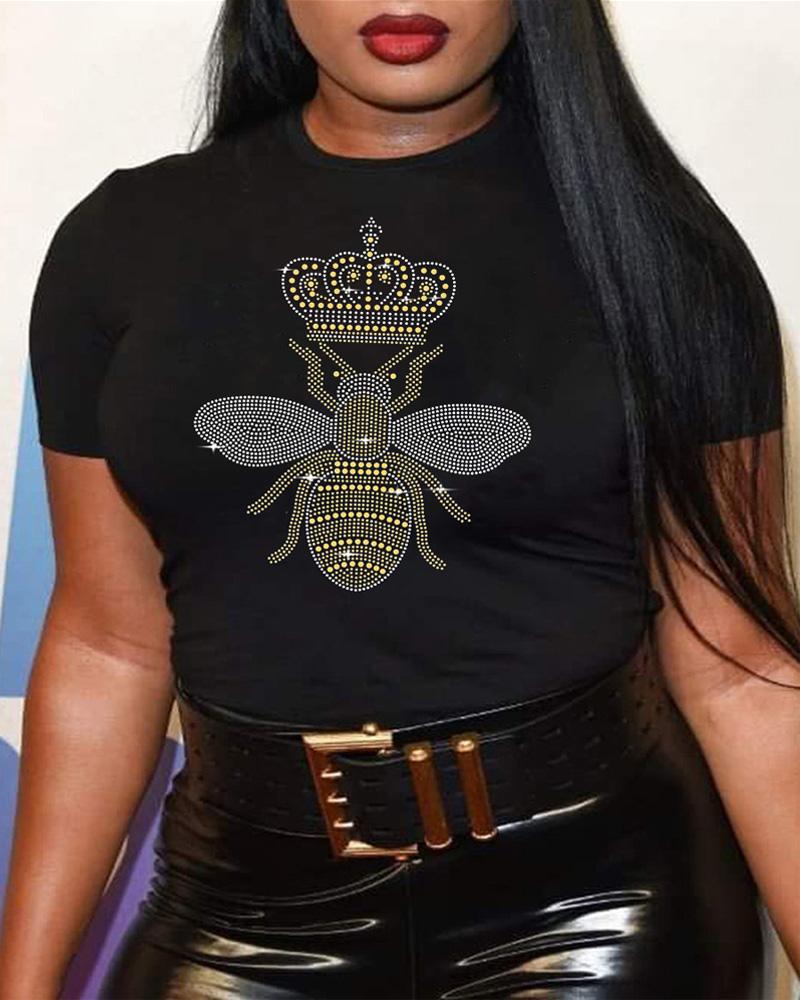 

Plus Size Rhinestone Queen Bee Crown Casual T-shirt, Black