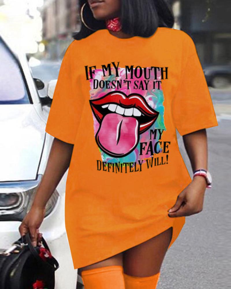 

Lip Letter Print Short Sleeve Casual Dress, Orange