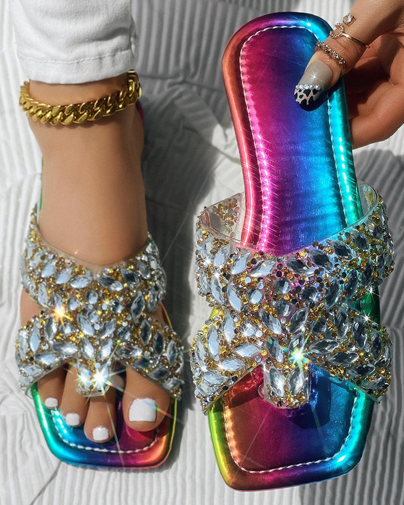 

Crystal Stone Sequin Toe Post Slippers, Multicolor