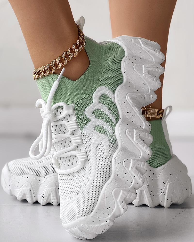 

Colorblock Lace-up Casual Running Sneakers, White&green