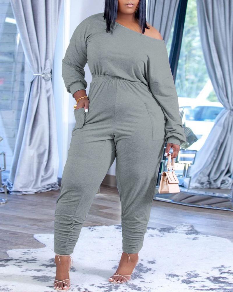 

Pocket Design Long Sleeve Ruched Jumpsuit, Gray