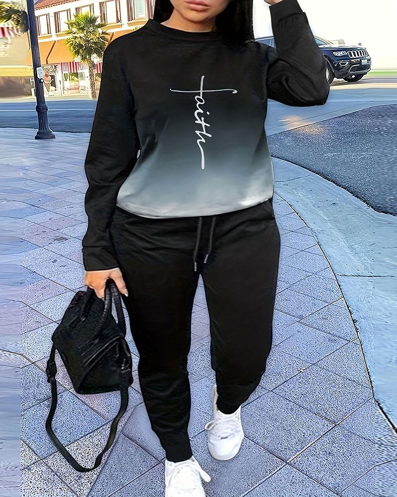 

Plus Size Ombre Faith Print Sweatshirt & Drawstring Sweatpants Set, Black
