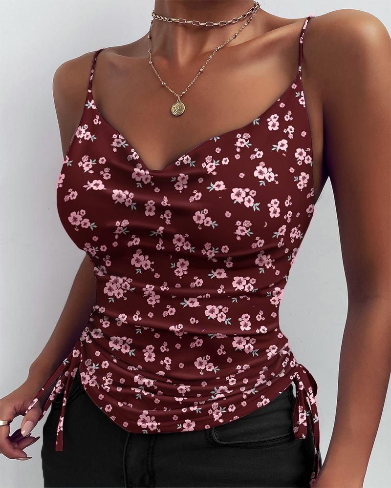 

Floral Print Cowl Neck Cami Top, Wine red