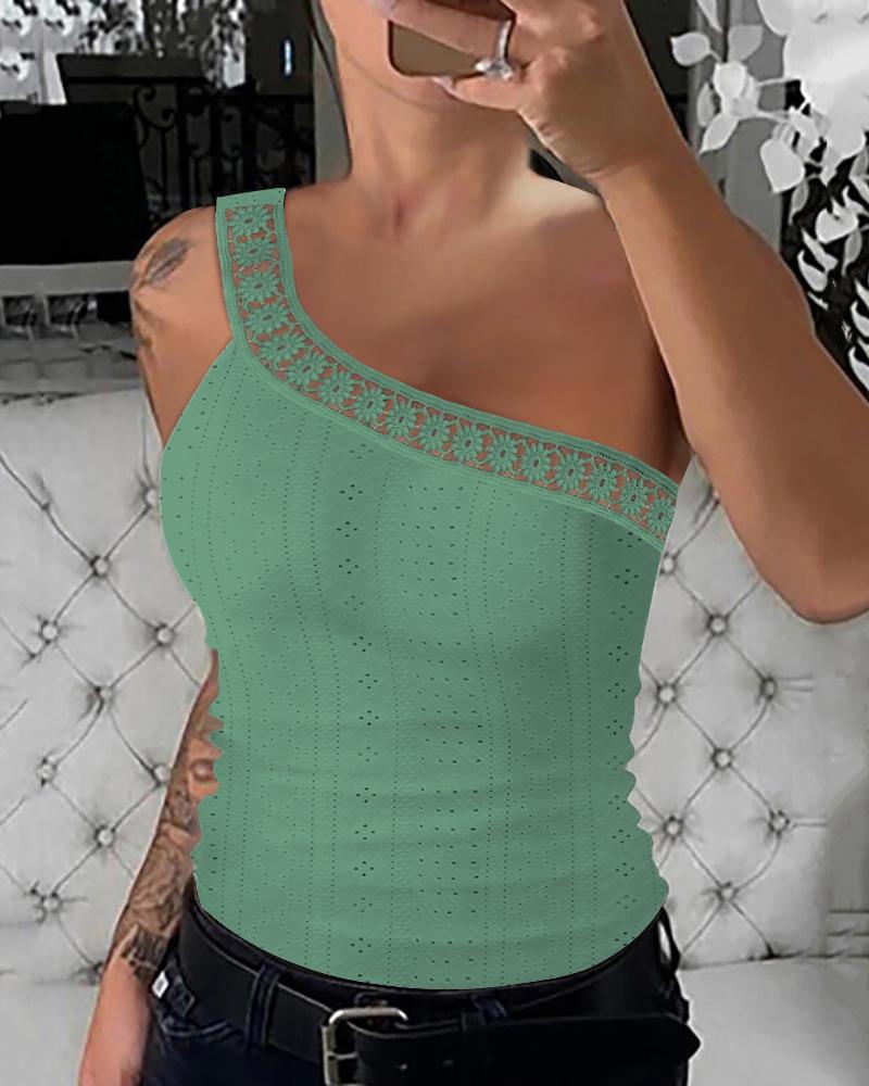 

One Shoulder Lace Patch Eyelet Embroidery Top, Dark green