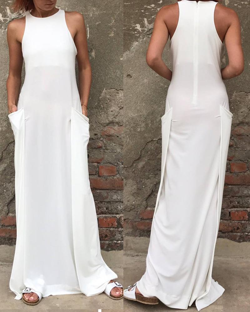 

Round Neck Plain Pocket Design Maxi Dress, White