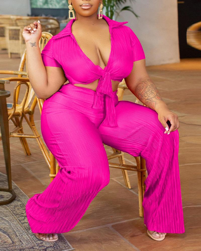 

Knotted Turn Down Collar Textured Top & Pants Set, Hot pink