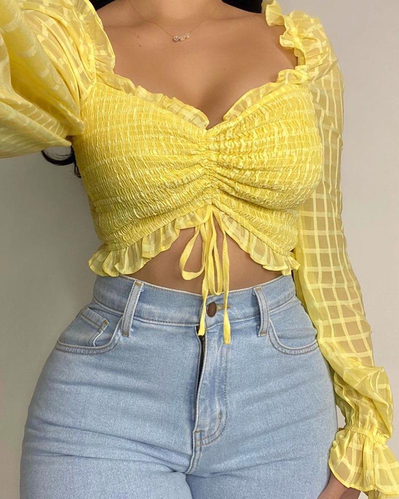 

Plaid Shirring Detail Frill Hem Puff Sleeve Top, Yellow