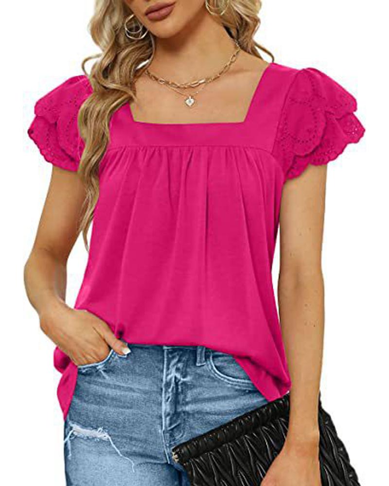 

Squre Neck Ruffle Sleeve Ruched Top, Hot pink