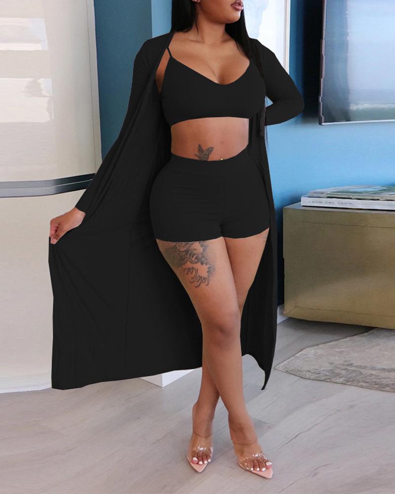 

3PCS Crop Cami Top & Shorts Set With Coat, Black