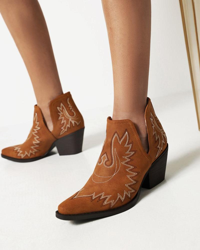 

Womens Vintage Square Toe Suede Finish Embroidery Western Booties, Brown