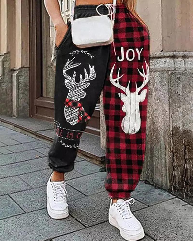 

Christmas Elk Letter Plaid Print Pocket Design Pants, Red