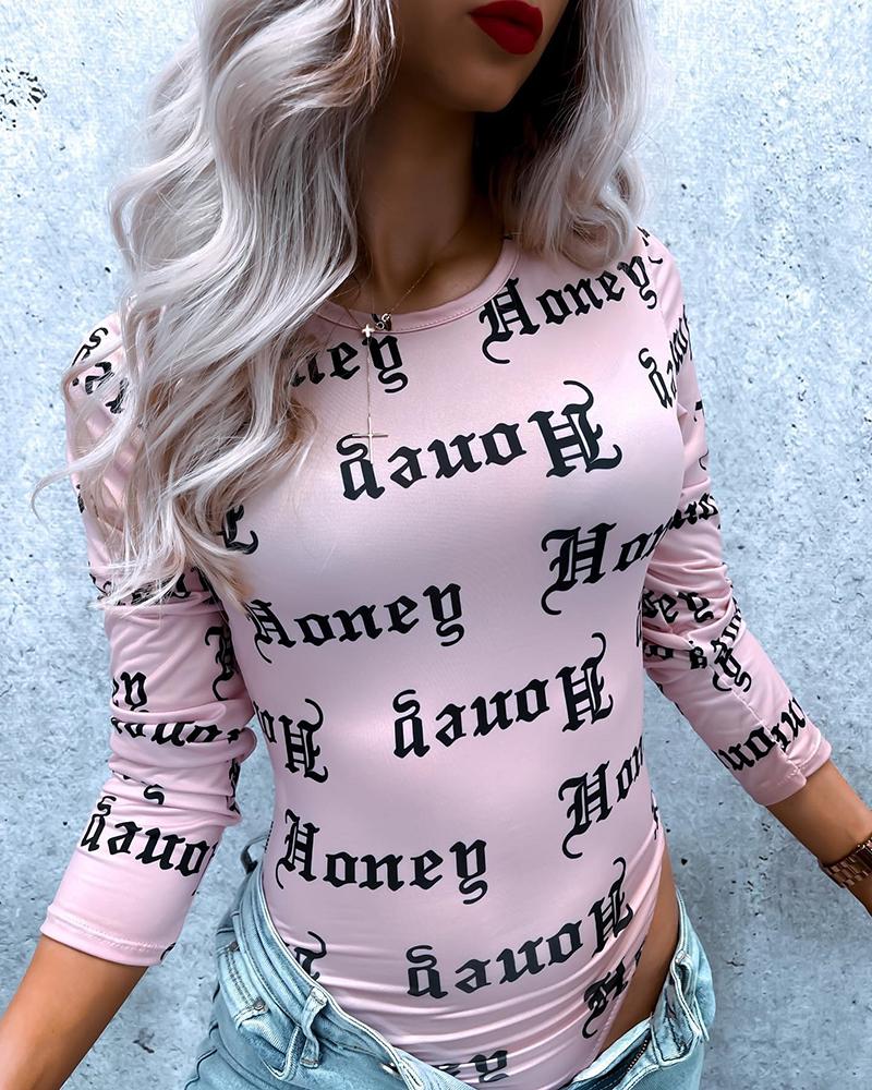 

Lette Print Long Sleeve Bodysuit, Pink
