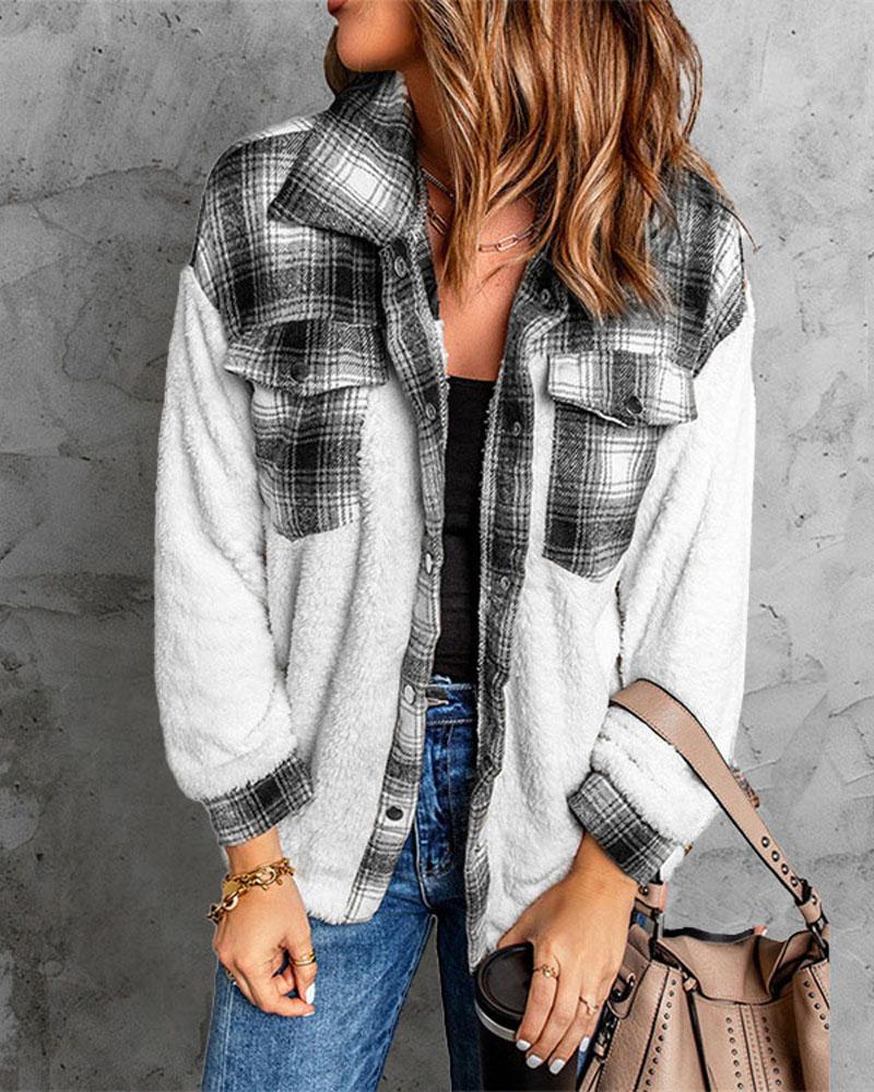 

Contrast Plaid Long Sleeve Teddy Shacket, Black