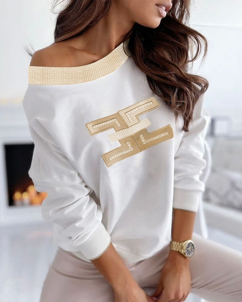 

Rhinestone Geo Print Long Sleeve Casual Sweatshirt, White