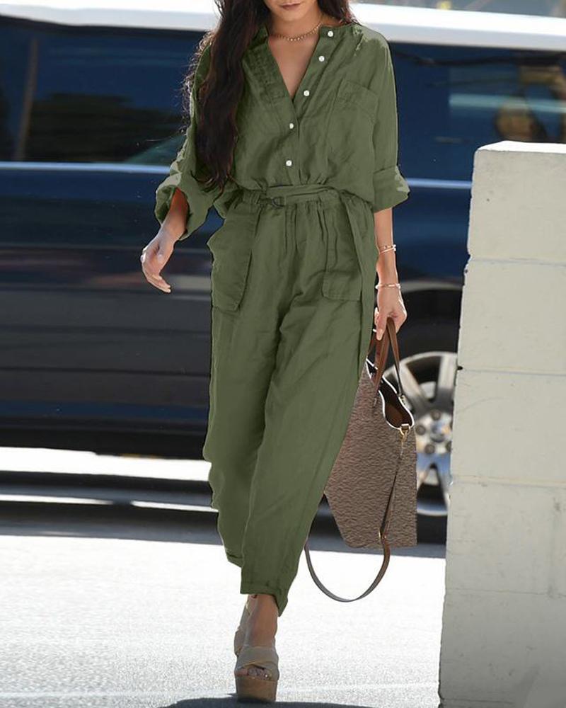 

Buttoned Pocket Design Round Neck Jumpsuit, Army green