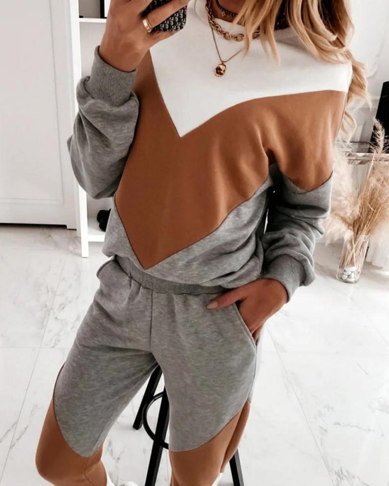 

Colorblock Sweatshirt & Pocket Design Pants Set, Yellow