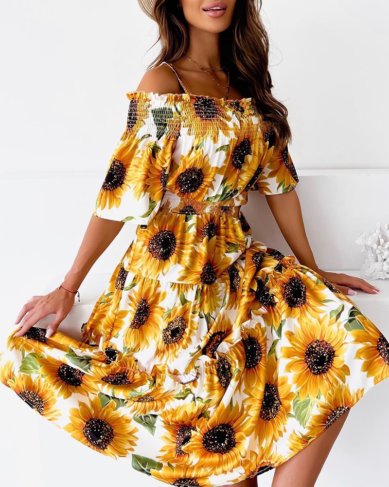 Sunflower Print Cold Shoulder Shirred Swing Dress