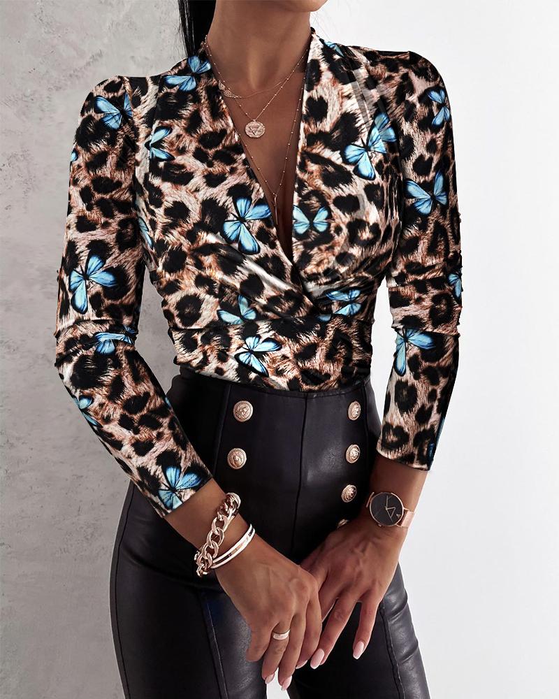 

Blusa casual com estampa de leopardo e borboleta, decote em V, manga comprida, slim fit, Leopard