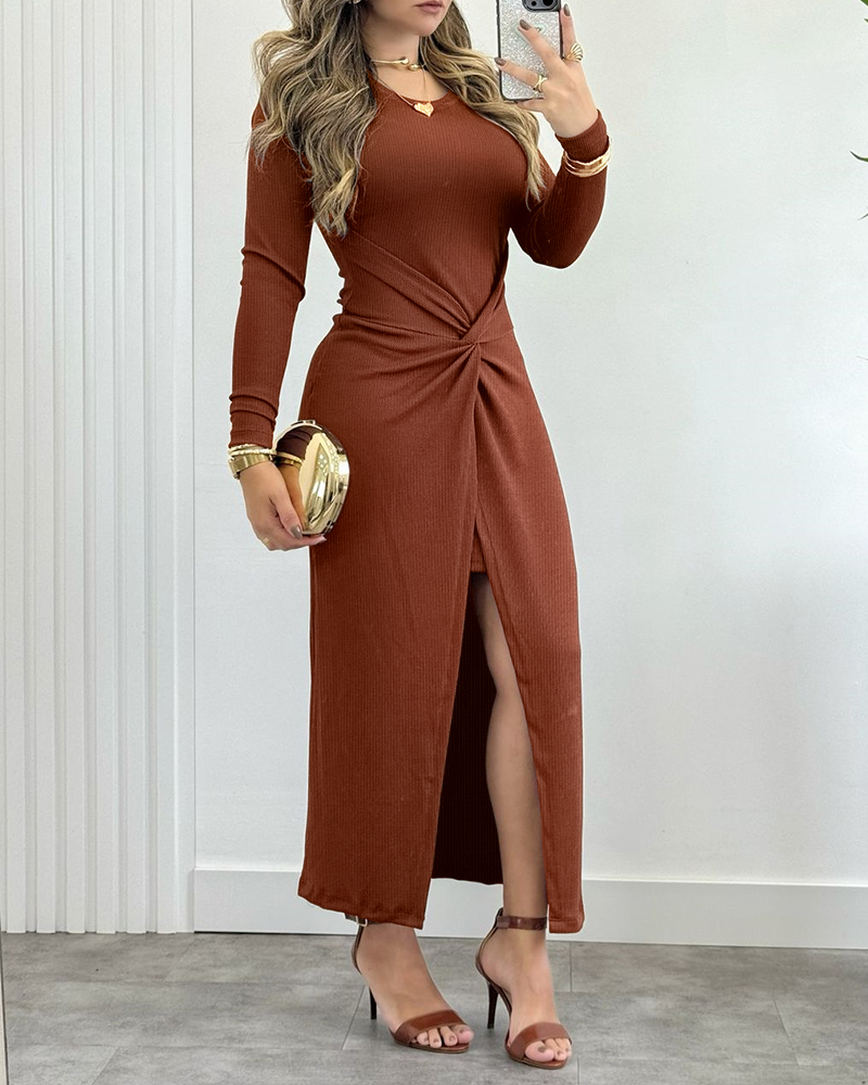 

Vestido justo com fenda e manga comprida na cintura, casual, slim fit, midi, Brown