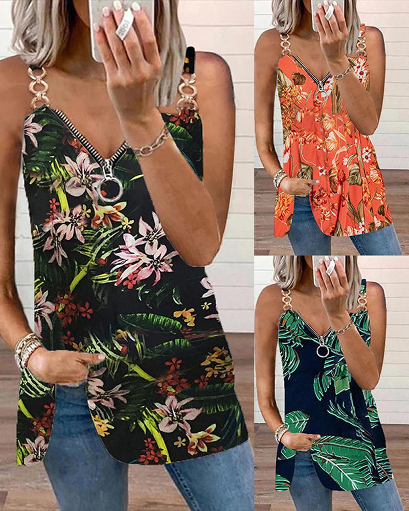 

Chain Strap Zipper Decor Tropical Print Tank Top, Black