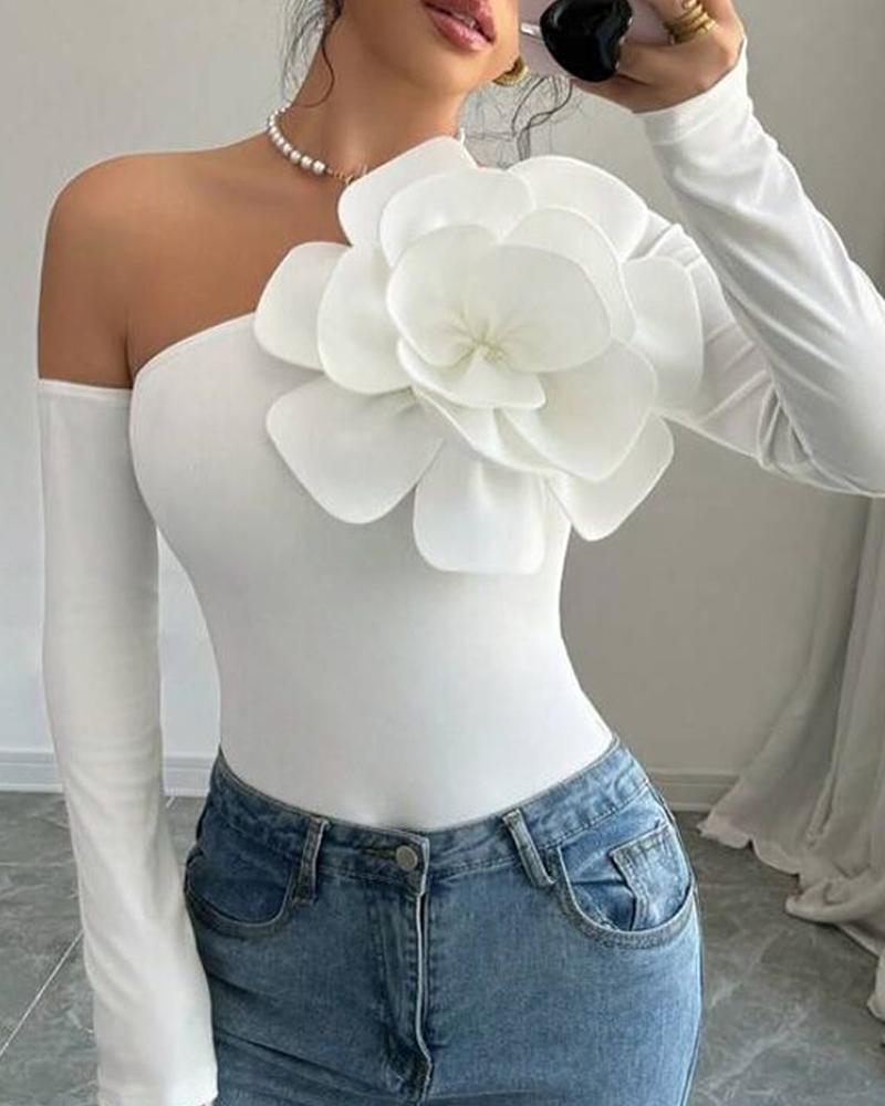 

Floral Design Skew Neck Slim Fit Long Sleeve Tee Casual Causal Top, White