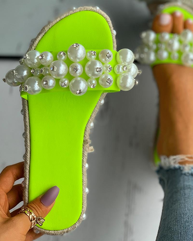 

Studded Decor Faux Pearl Slippers, Green