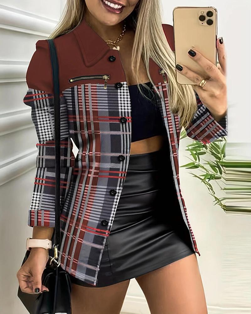 

Plaid Print Button Front Long Sleeve Coat, Red