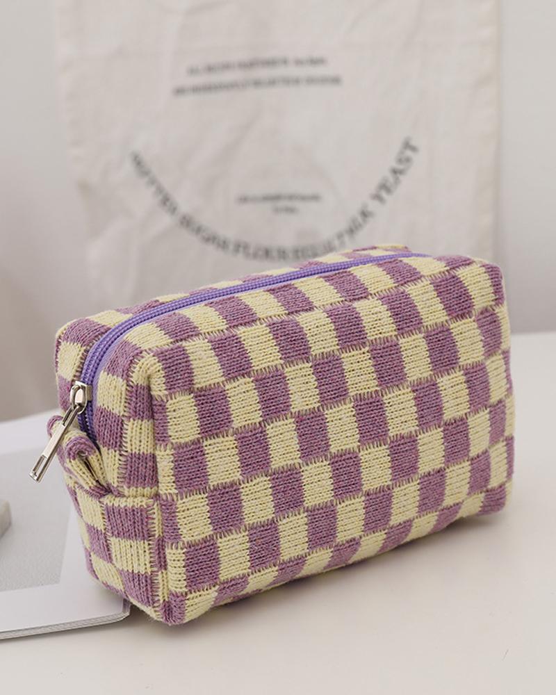 

Plaid Knitted Makeup Bag, Purple