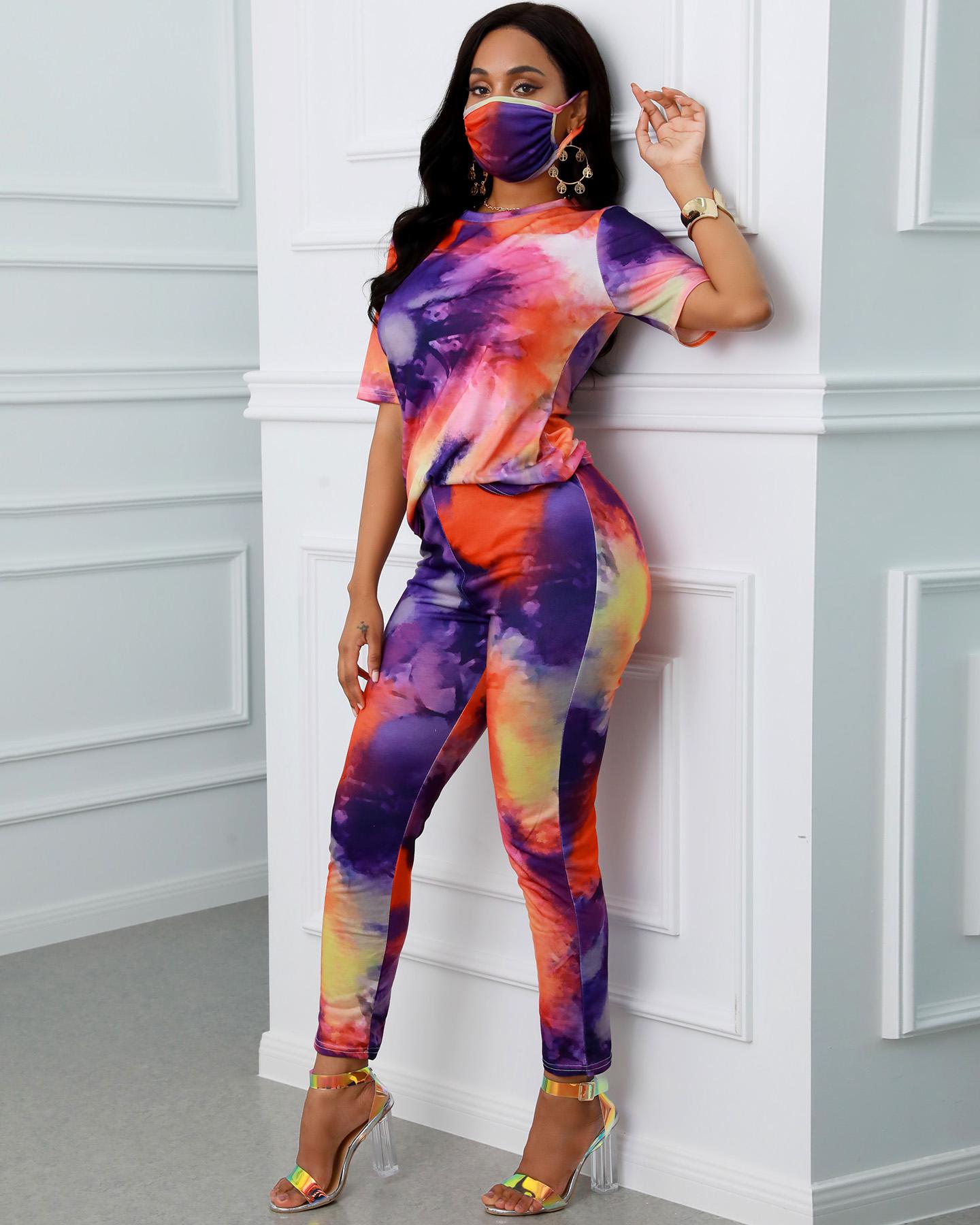 

Tie Dye Print Casual Top & Pant Set With Face Cover, Purple