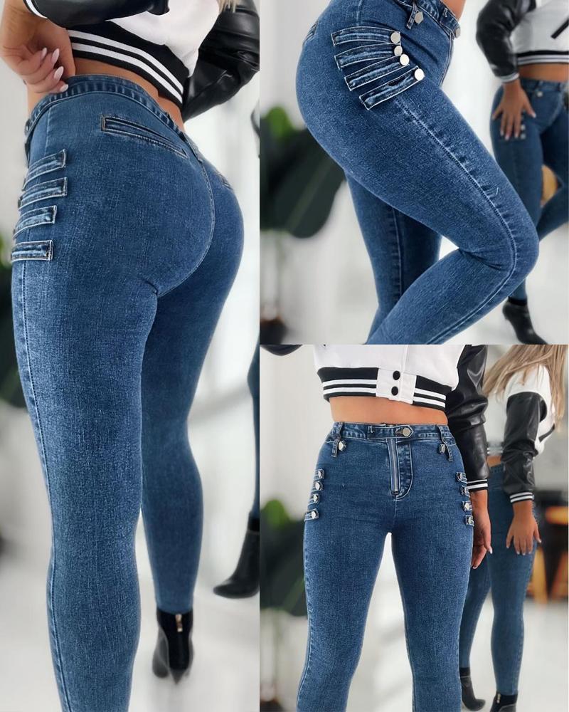 

Zipper Fly High Waist Jeans, Blue