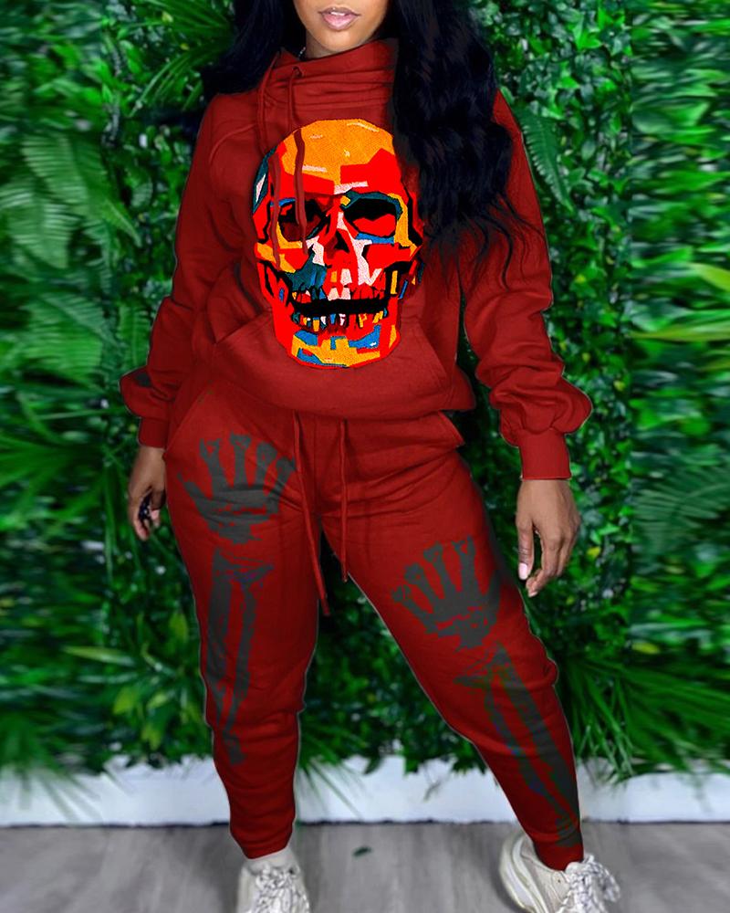 

Halloween Skull Print Hooded Top & Drawstring Pants Set, Red