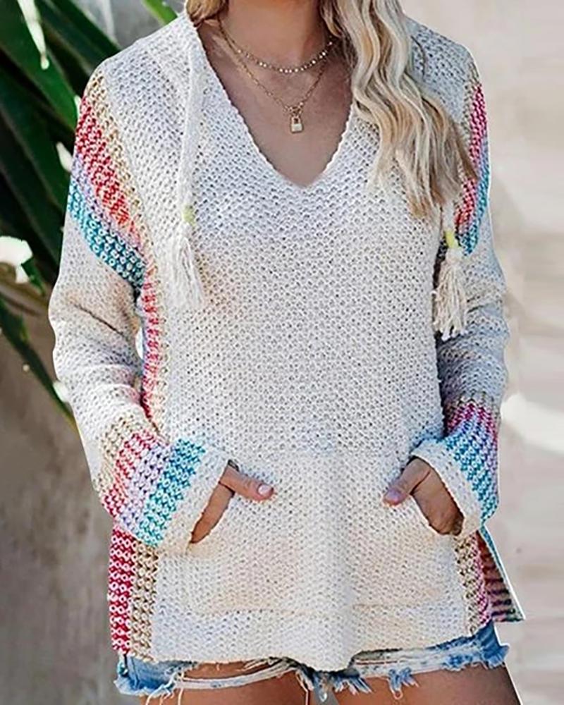 

Colorblock Pocket Design Hooded Sweater, White