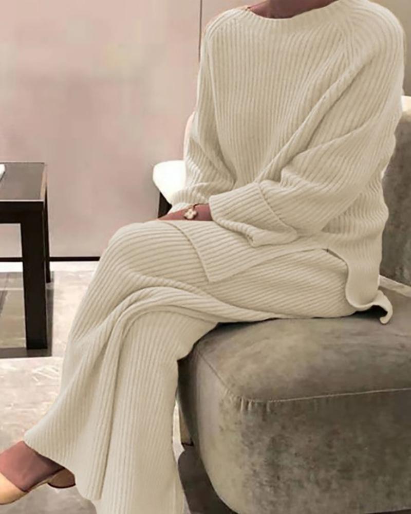 

Long Sleeve Slit Knit Top & Pants Set, Apricot