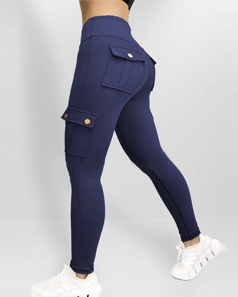 

Butt Lifting Leggings with Flap Pockets High Waist Tummy Control Workout Cargo Pants, Dark blue