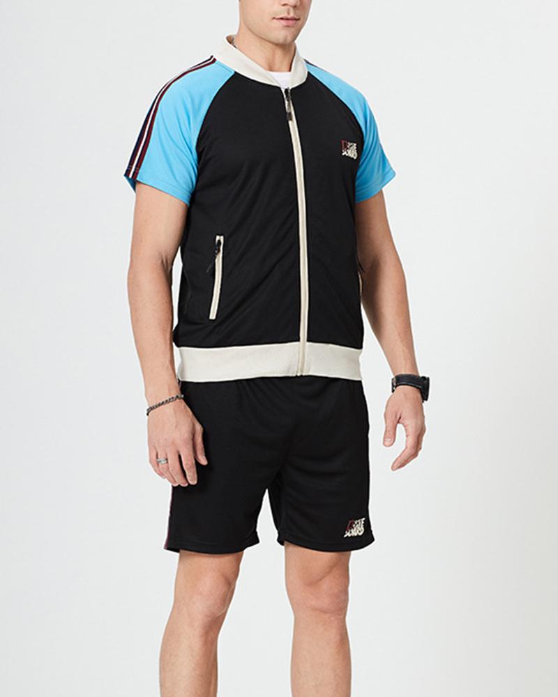 

Color Block Splicing Letter Print Short Sleeve Coat With Short Pants Active Sets, Black
